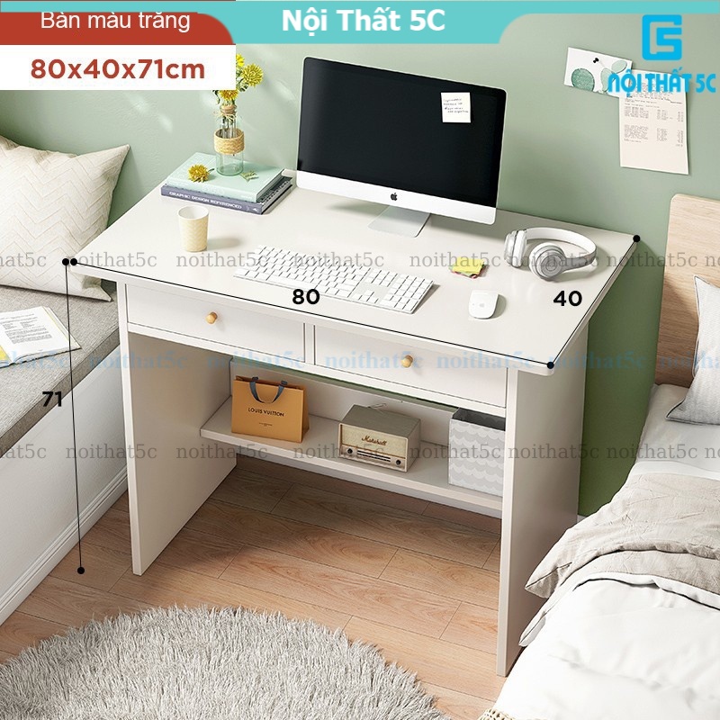Bàn làm việc để máy tính gỗ công nghiệp màu trắng trang nhã, bàn học kèm hai hộc tủ và kệ để chân tiện dụng thông minh