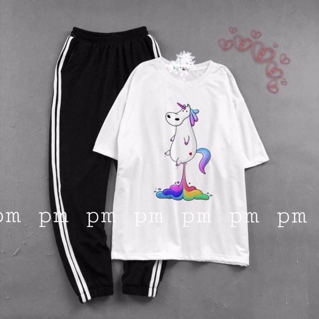 Sét áo ngựa sắc màu + quần sọc bo gấu , Áo thun nam nữ, quần kaki, quần nữ, sét bộ mặc ở nhà MODY