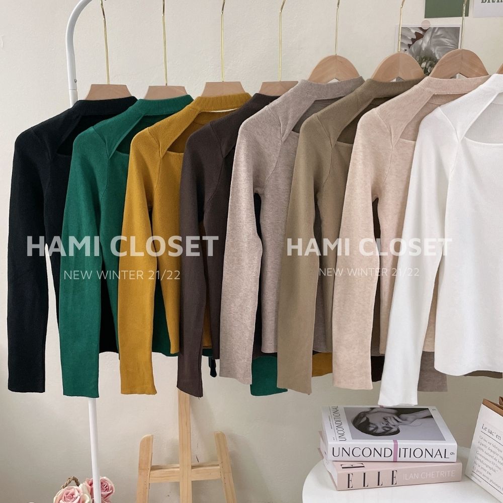 Áo len hở cổ dài tay, dáng cổ lệch vai chất len mềm bảng màu hàn quốc | BigBuy360 - bigbuy360.vn