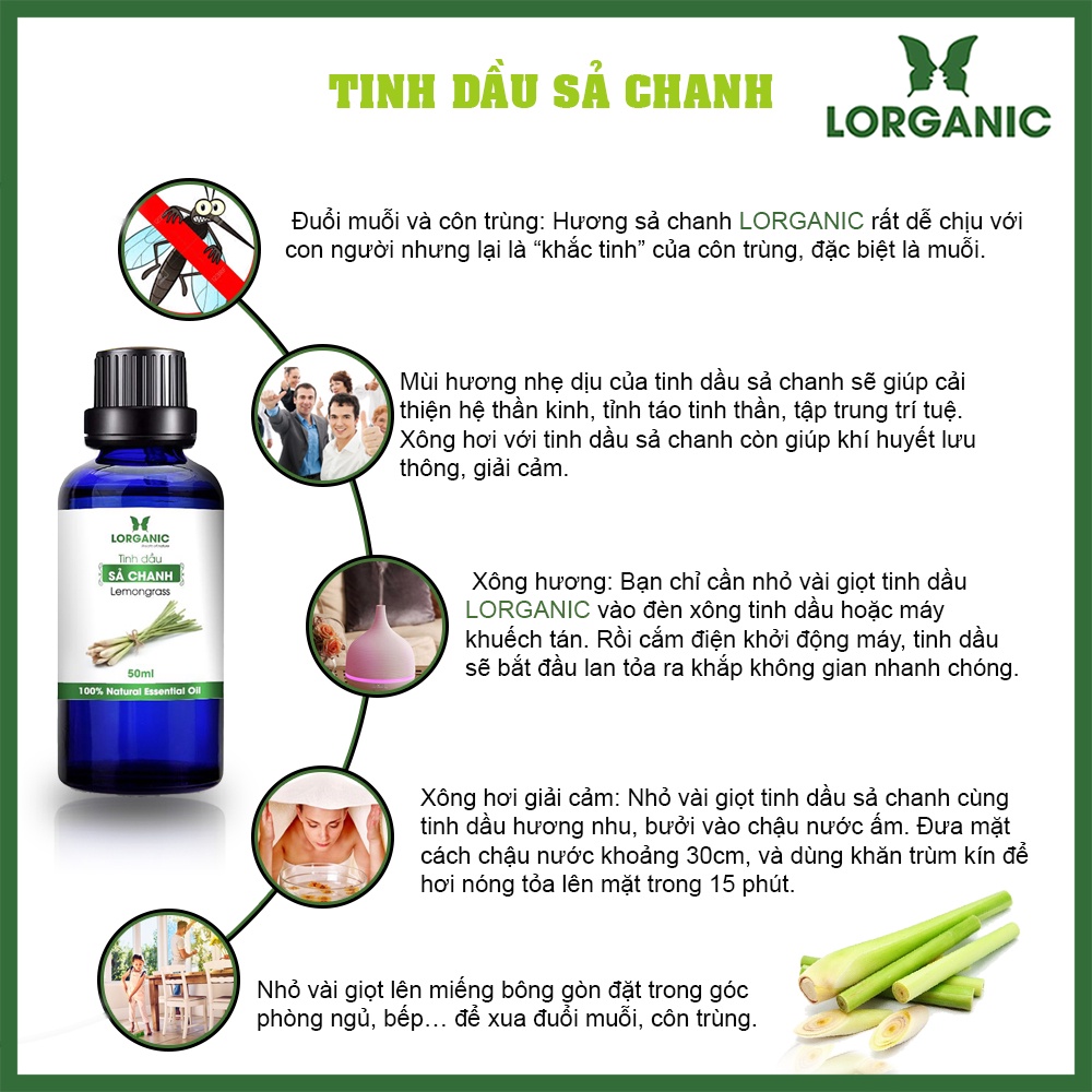 Tinh dầu sả chanh Lorganic Lemongrass 100% Natural Essential Oil 50ml, 10ml