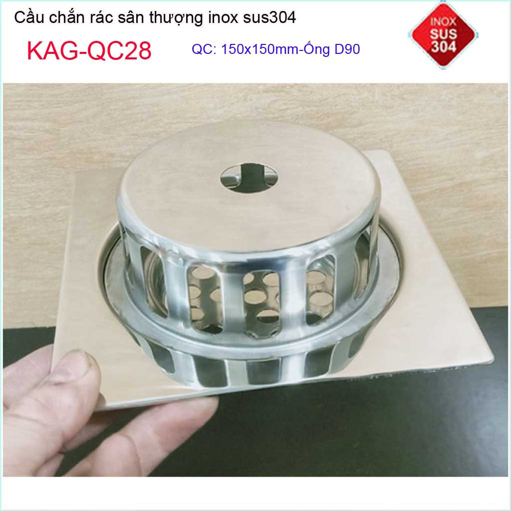 Cầu chắn rác đế vuông 15x15cm D90 KAG-QC28, thoát nước sân thượng SUS304 ống 9cm thoát nhanh chắn rác tốt