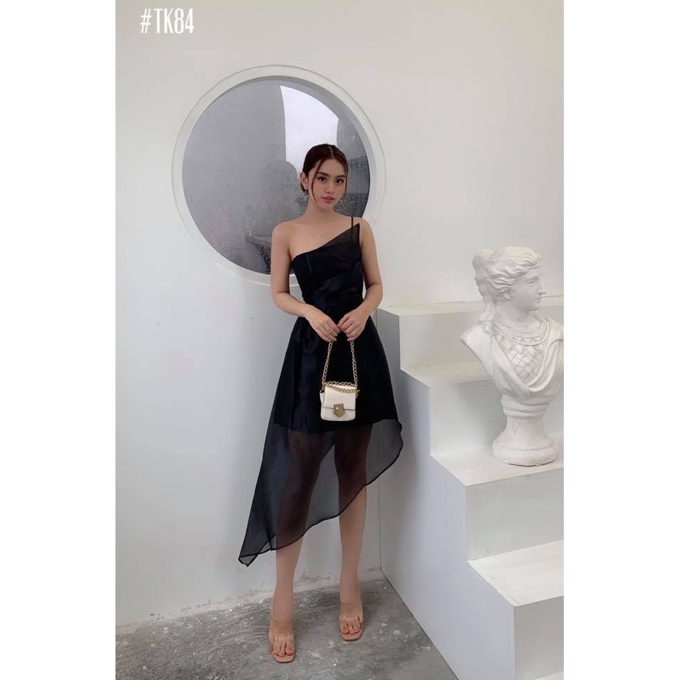 [HÀNG THIẾT KẾ CAO CẤP] Đầm Dây Xòe Lệch Tà Đi Tiệc Sang Trọng Màu Hồng