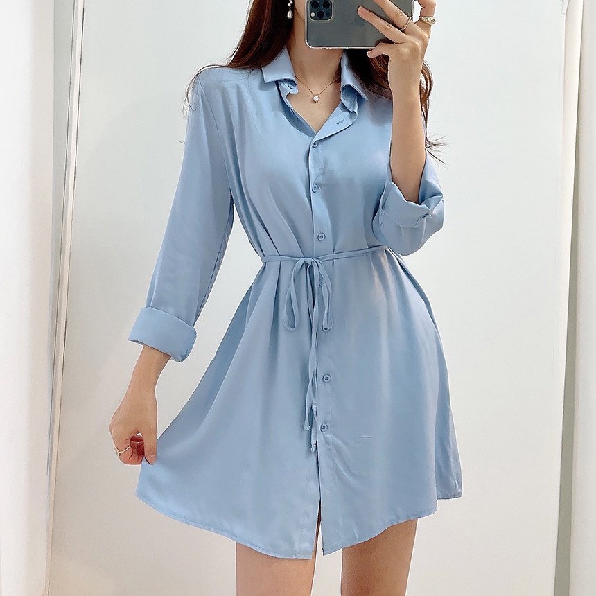 Áo Sơ Mi Dài Tay Thắt Dây / Váy Xếp Ly Màu Trơn Phong Cách Mới 45248