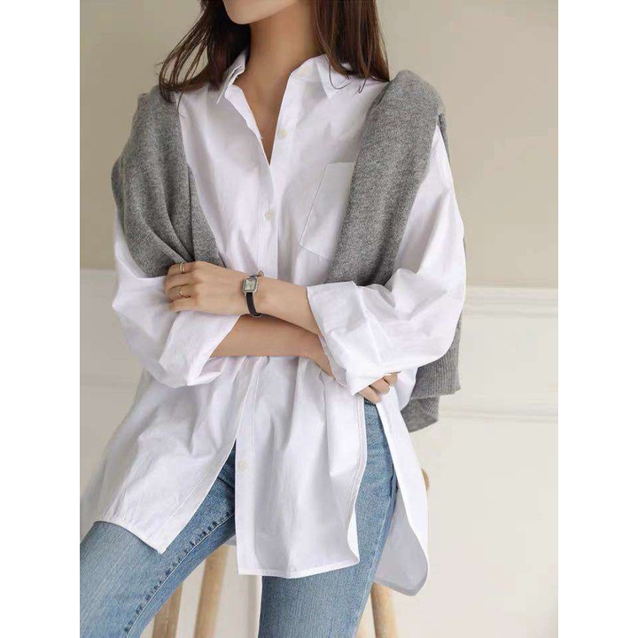 Áo sơ mi Zxyouping tay dài dáng rộng xẻ tà có size lớn