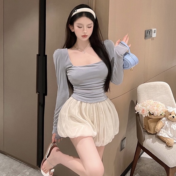 Set Áo Thun Tay Dài Chống Nắng + Quần Short Lưng Thun Ống Rộng Thời Trang Hàn Quốc Cho Nữ