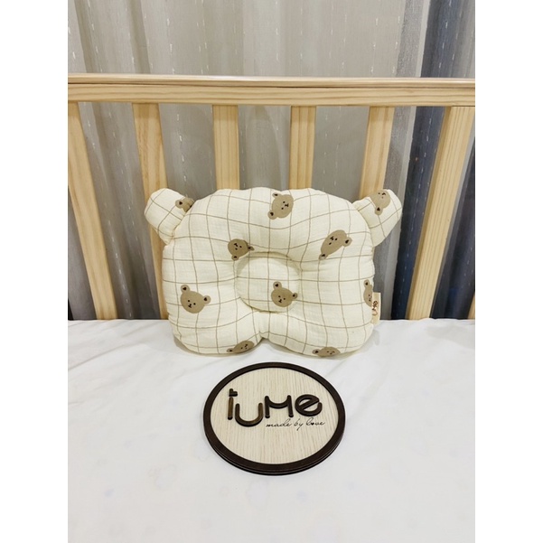 Set chăn gối hoạ tiết gấu kẻ vải xô muslin cao cấp cho bé sơ sinh, chính hãng IUME Kids