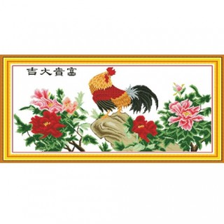 Tranh thêu chữ thập Phú quý cát tường - Gà trống DLH-YZ306 ( 50x89 ) chưa thêu