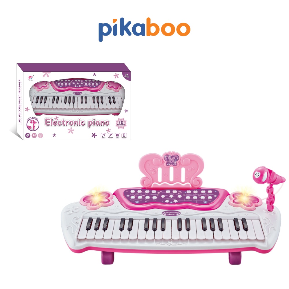 Đồ chơi đàn Piano điện tử màu hồng cao cấp cho bé Pikaboo cỡ to đại chân cao họa tiết cánh bướm có ghế ngồi và micro