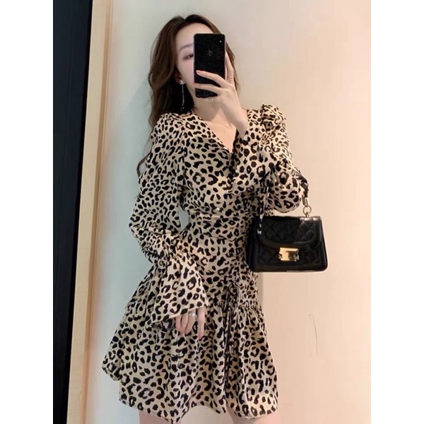 Đầm midi nữ đầm nữ tay dài da beo xinh xắn Hottrend | BigBuy360 - bigbuy360.vn