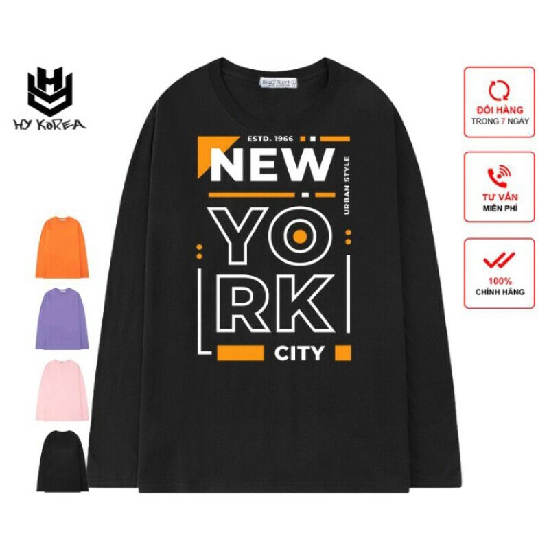 Áo Thun Nam nữ Tay Dài HY KOREA PHOM RỘNG, Vải Cotton 75%, Co Giãn 4 Chiều, In Hình NewYork City , Áo thun new york city