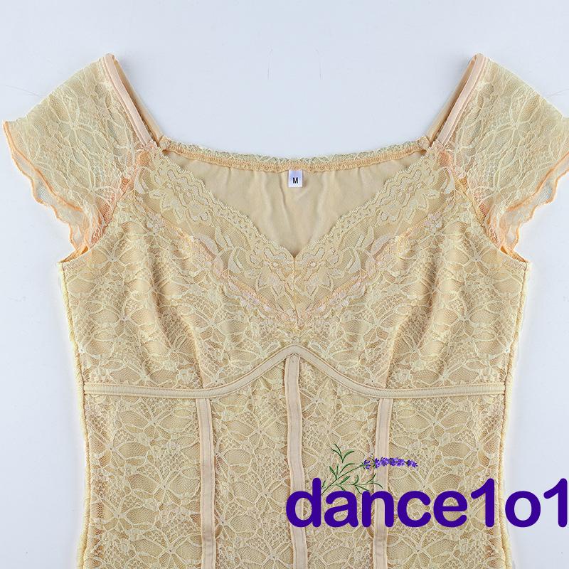 Áo thun tay ngắn cổ chữ V phối ren thời trang cho nữ