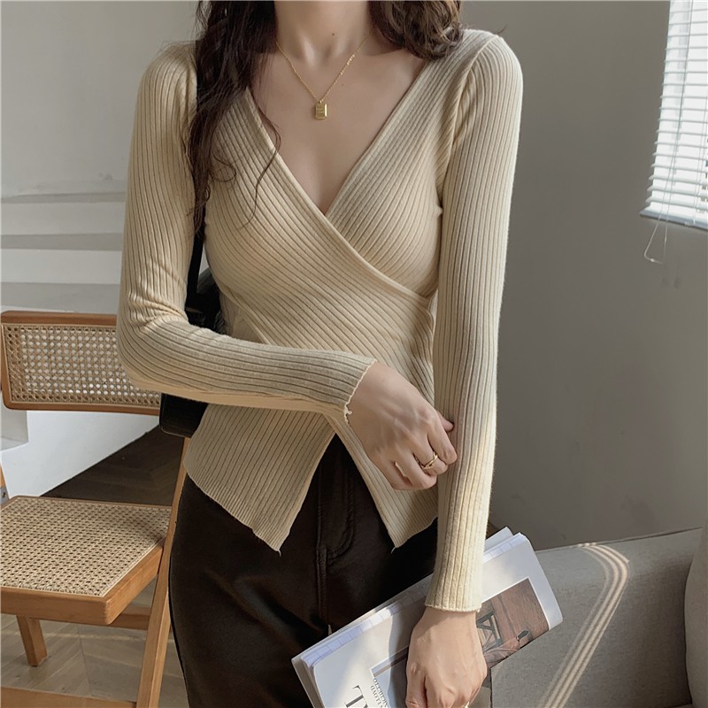 Áo len tay dài cổ chữ V dáng ôm gợi cảm cho nữ | BigBuy360 - bigbuy360.vn