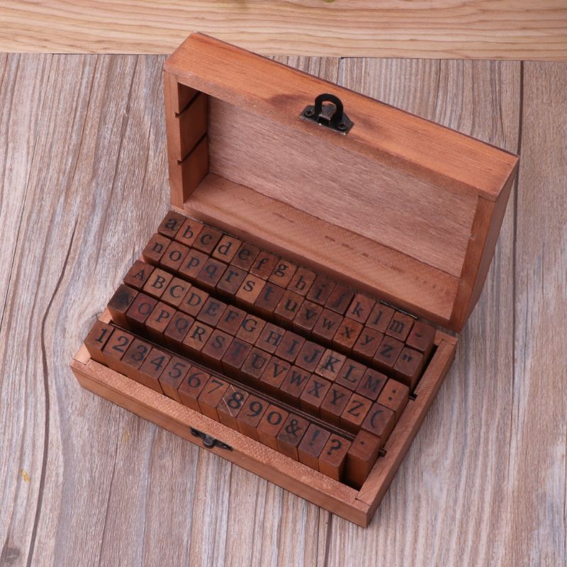 Set 70 Con Dấu Gỗ / Cao Su Khắc Chữ Cái + Hộp Đựng