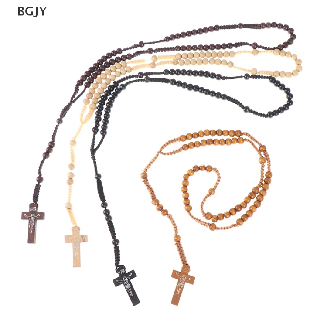 Hip Hop Glass 8mm Aquare Bead Black Rosary Pray Hand & Jesus Cross Necklace BKAQ 