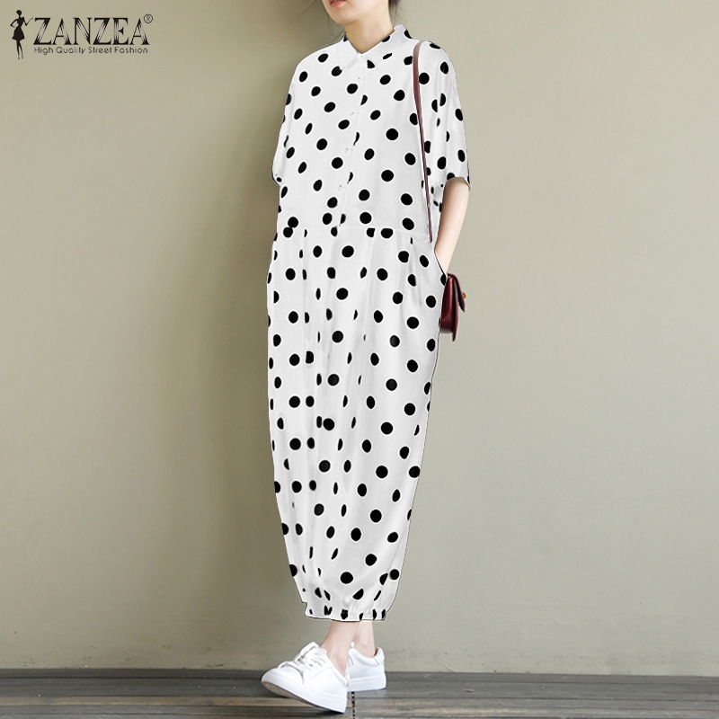 ZANZEA Jumpsuit Dài Họa Tiết Chấm Bi Cổ Điển Cho Nữ