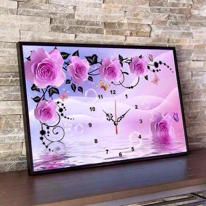 Tranh thêu đồng hồ hoa hồng