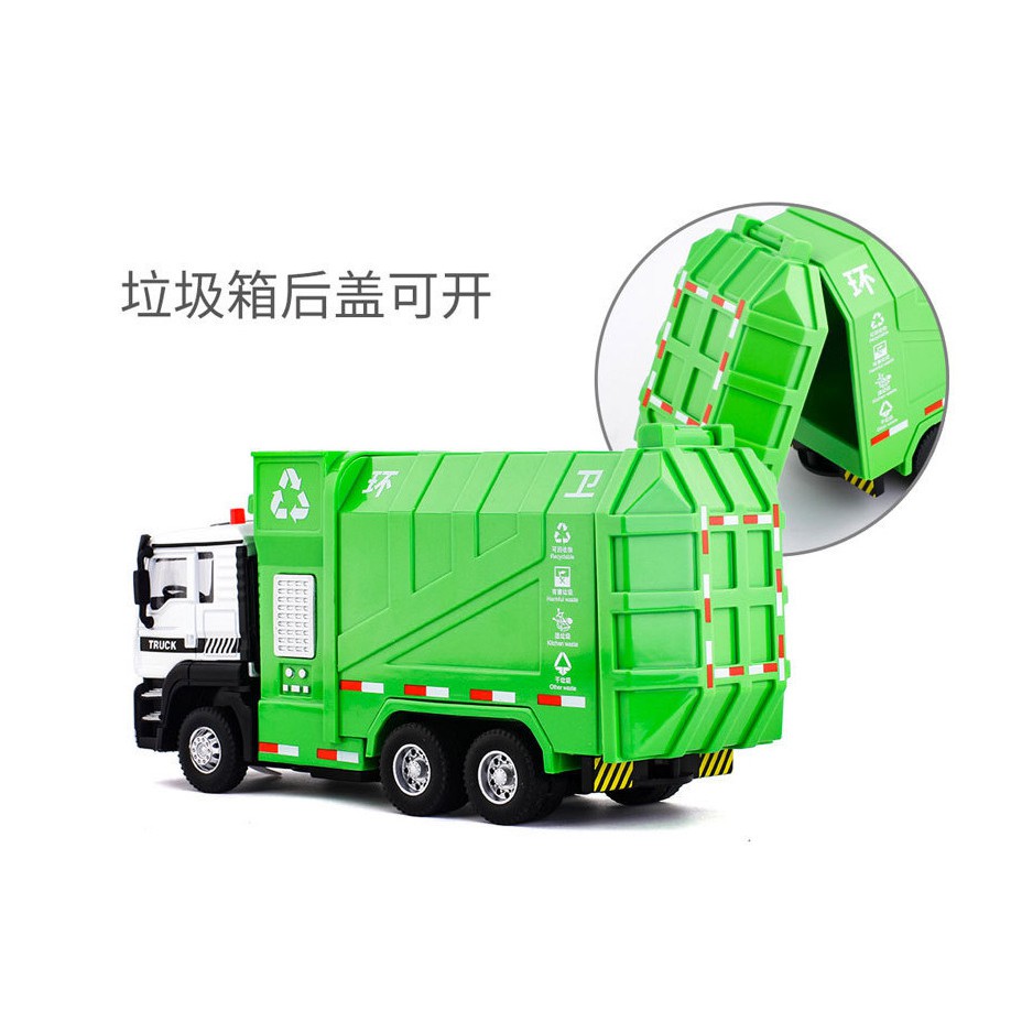 Mô hình xe rác xe tải chở rác hợp kim (4 thùng rác) 17*5.3*8cm có đèn và nhạc