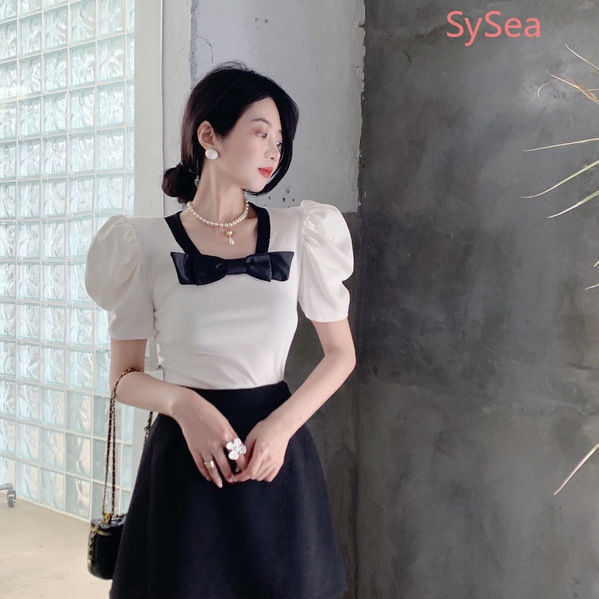 Áo Kiểu Cổ Vuông Đính Nơ Màu Sắc Tương Phản Thời Trang Mùa Hè Cho Nữ