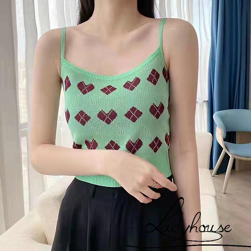 Áo dệt kim không tay cổ chữ U in họa tiết trái tim phong cách vintage cho nữ