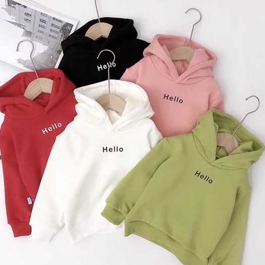 Áo hoodie trẻ emCon Xinh phom rộng nỉ in chữ HELLO,thời trang thu đông dành cho bé từ 4 đến 10 tuổi