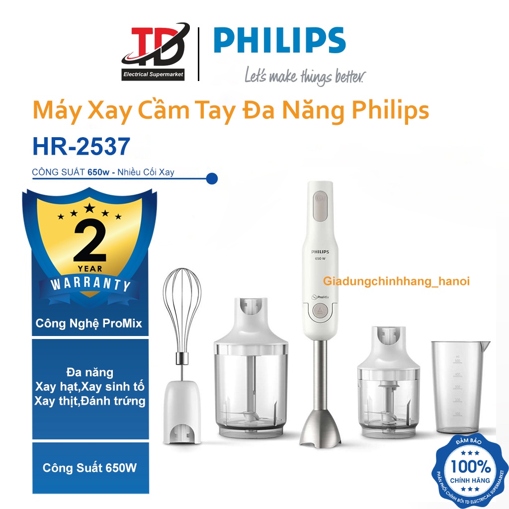 Máy Xay Sinh Tố Cầm Tay Đa Năng Philips HR-2537, Công Suất 650W, Xay hạt, sinh tố, thịt, Đánh trứng, Bảo Hành 24 Tháng