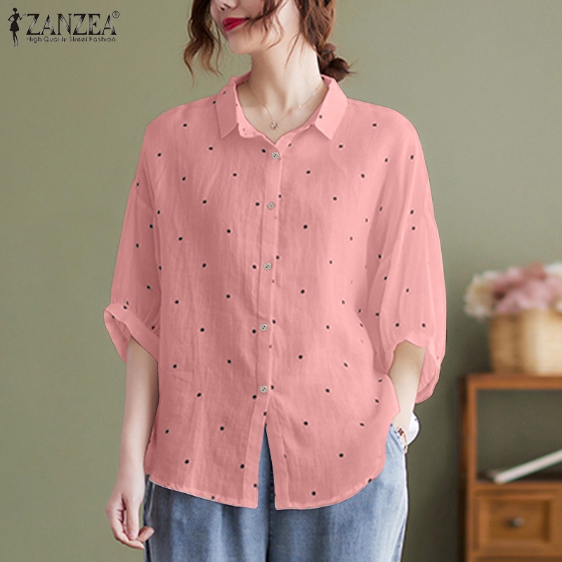 Áo sơ mi Zanzea tay ngắn cổ bẻ họa tiết chấm bi phong cách vintage dành cho nữ