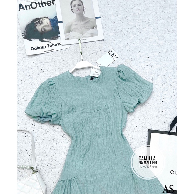 Đầm xoè tay bồng màu xanh mint vải đũi nhăn