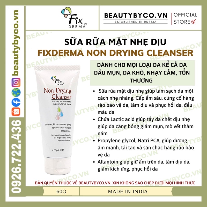(Nhập khẩu)Sữa rửa mặt Fixderma Non Drying Cleanser giúp làm sạch nhẹ nhàng,làm dịu, phục hồi da giúp da căng bóng 60g