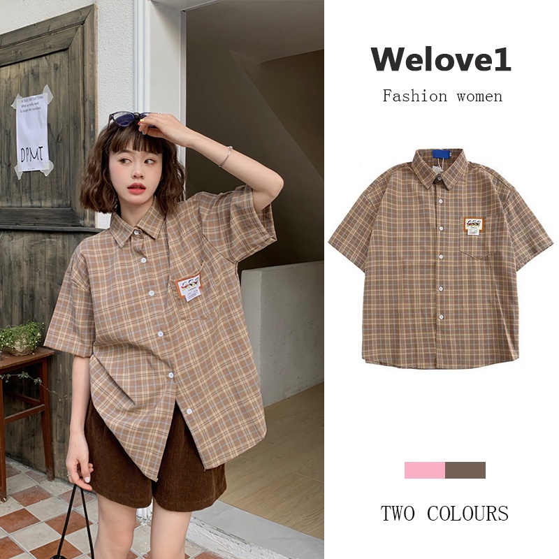 Áo sơ mi tay ngắn họa tiết kẻ sọc ca rô phong cách Hàn Quốc thời trang dành cho nữ