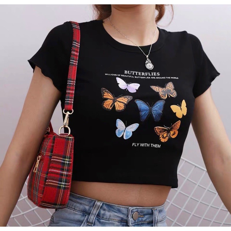 Áo croptop ngắn tay họa tiết cánh bướm (ảnh thật trải nằm)