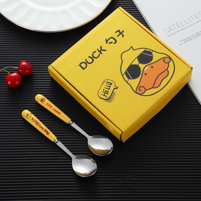 Bộ 6 thìa inox mạ vàng Vịt vàng Duck cán dài muỗng ăn ngộ nghĩnh có hộp