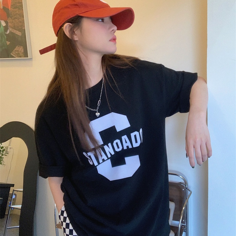 SUXI Áo Thun Tay Ngắn Dáng Rộng In Chữ Đơn Giản Thời Trang Hàn Quốc Cho Nữ