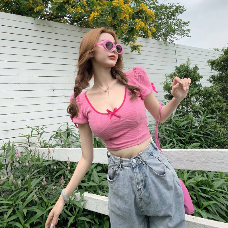 Áo Thun Tay Ngắn Phối Nơ Thiết Kế Dễ Thương Dễ Phối Đồ Thời Trang Mùa Hè Cho Nữ