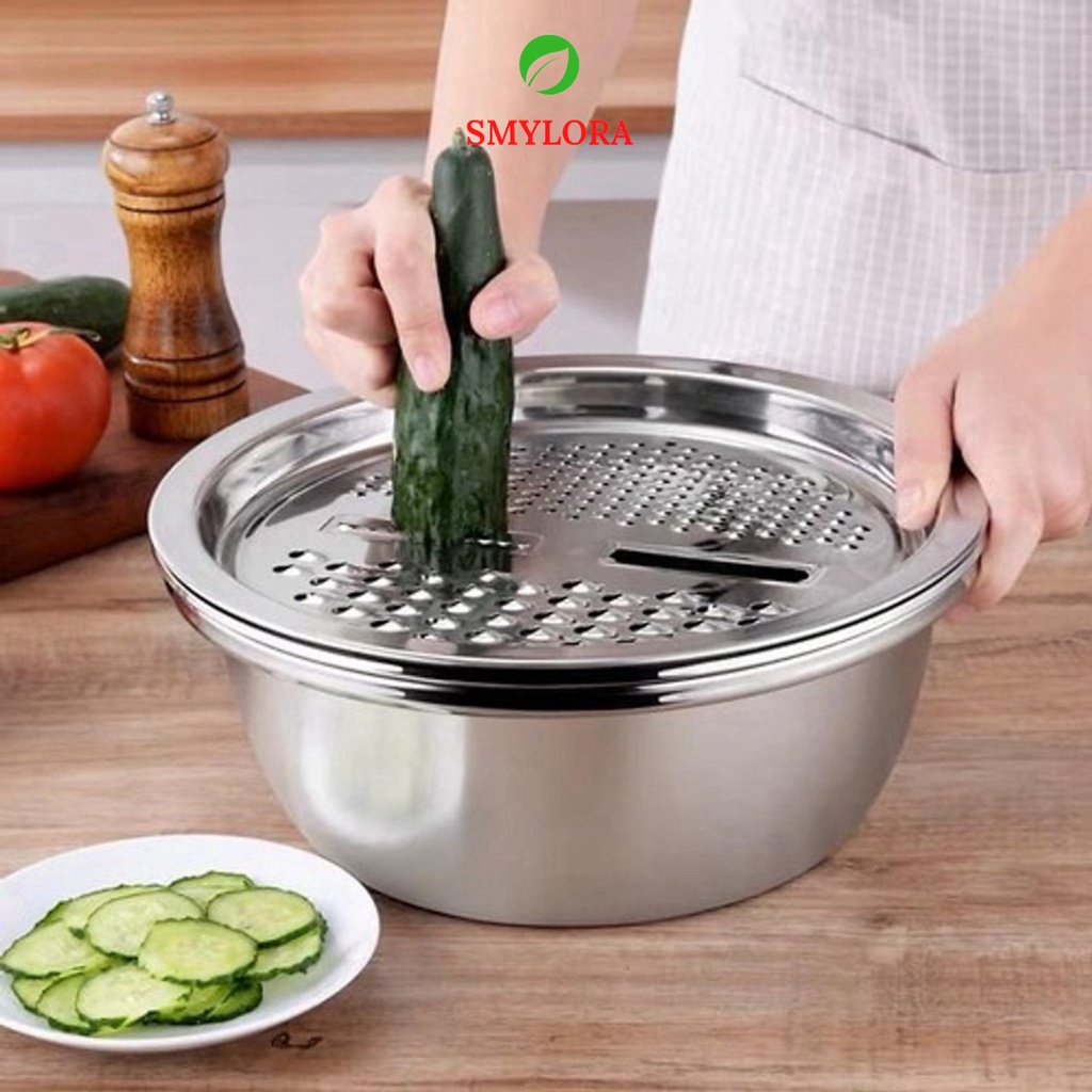 Bộ Nạo Rau Củ 3 Món Bào,Rổ Nạo Rau Củ Kiêm Rổ và Chậu Inox Cao Cấp Đa Năng, Tiện Lợi Dùng Nhà Bếp