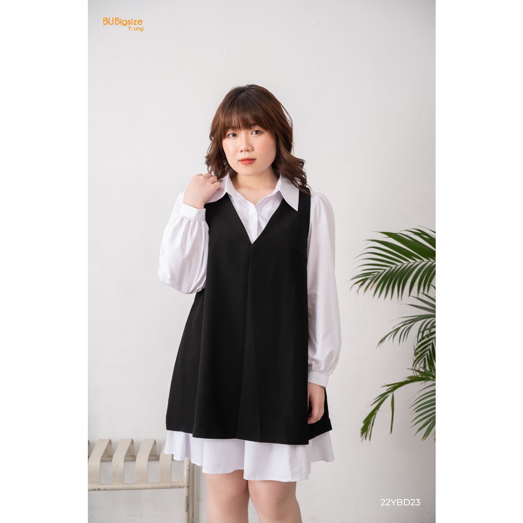 Set yếm cổ v + Váy sơ mi trắng chun eo tay dài BIGSIZE (55kg đến 95kg) - 22YBD23 - [BU Bigsize Young]