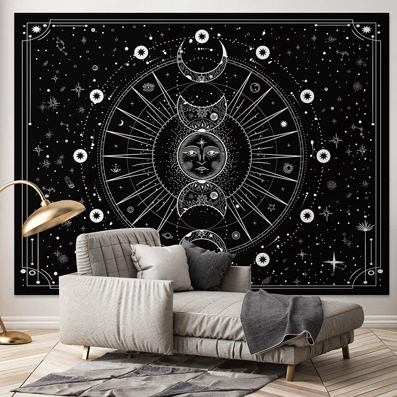 Sun and Moon Tapestry Wall Hangings,Stars and Space Psychedelic Black and White Wood Panel Tapestry for Home Wall Decor