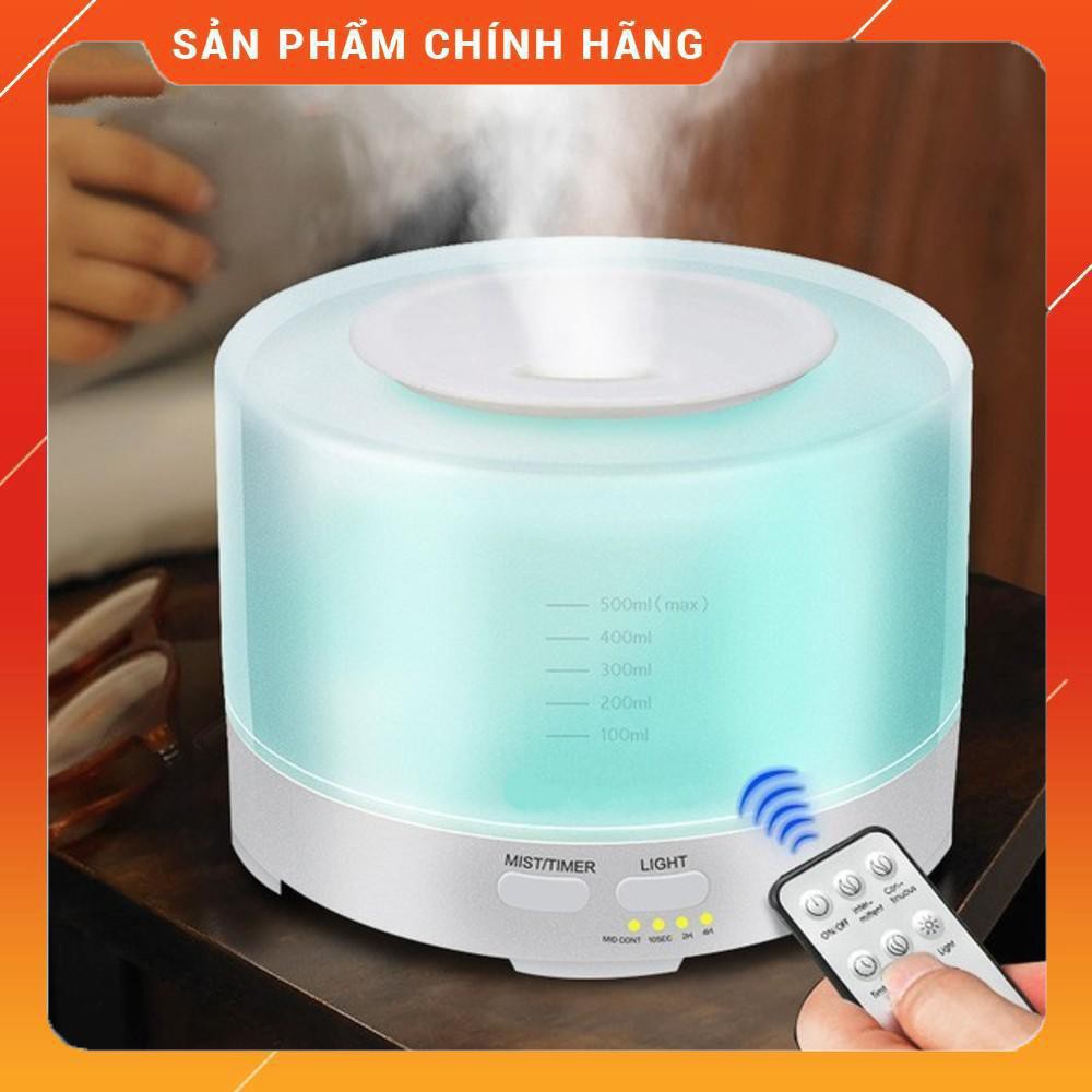 Máy Xông Tinh Dầu Trụ Tròn (Thay đèn ngủ)Phun Sương Vân Gỗ 500ml đèn led 7 màu, Khuếch Tán Tinh Dầu Tỏa Thơm (Có REMOTE)