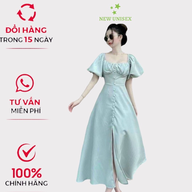 Đầm Maxi Cổ Vuông Tay Bồng Nút Bọc Tà Xẻ Chất Đũi Cao Cấp Mặc Mát, Nhẹ Đẹp Tôn Dáng [NEW UNISEX]