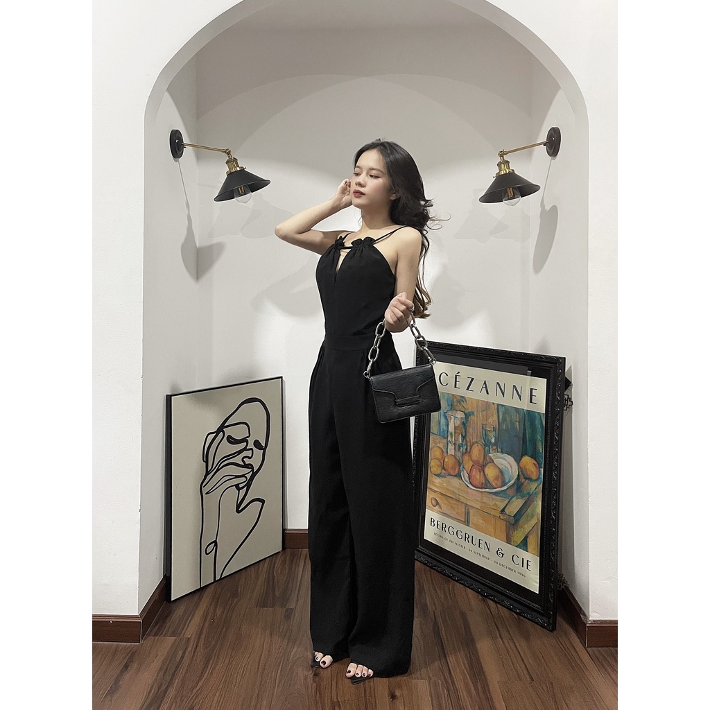 Bộ Jumpsuit quần suông áo yếm liền quần, Sét áo liền quần nữ dài vải linen mềm mát không nhăn hàng sẵn màu đen