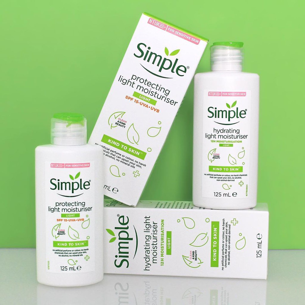 Sữa Dưỡng Da Simple Kind To Skin Hydrating Light Moisturiser 125ml, cấp ẩm cho da nhạy cảm dầu khô, có tem phụ nhập kẩu