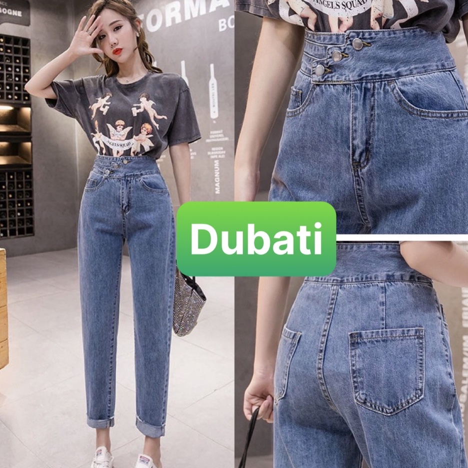 QUẦN BAGGY JEAN NỮ CHẤT BÒ CO GIÃN 3 MÀU EO BẢN TO 3 NÚT CHÉO SANG CHẢNH- DUBATI FASHION