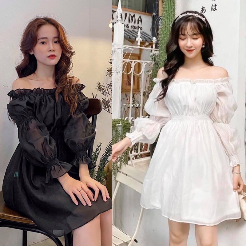 Đầm xoè voan bẹt vai xinh xắn 2 màu