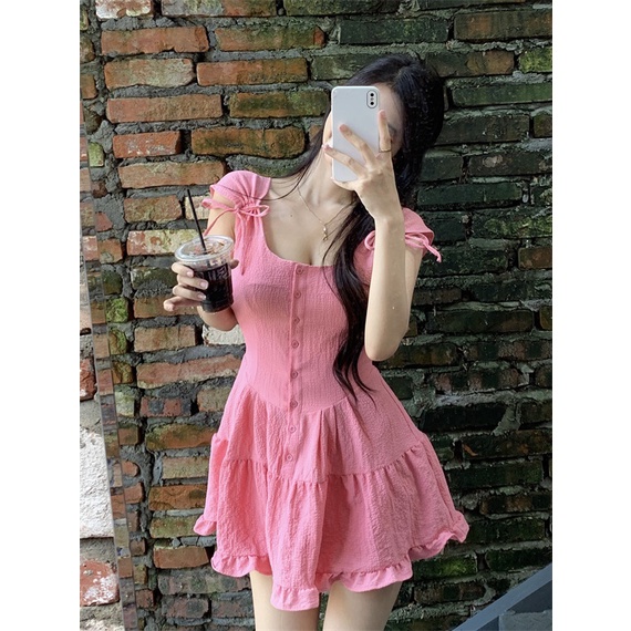 Đầm COZOKC tay ngắn cổ vuông thắt nơ xinh xắn thời trang cho nữ