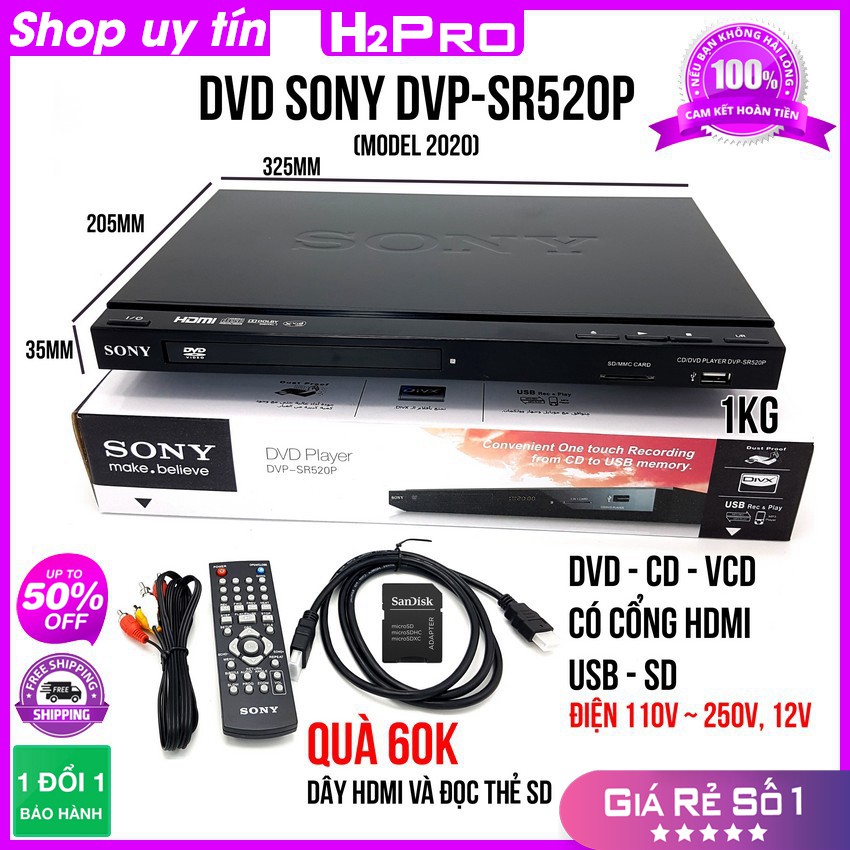 Đầu đĩa DVD Sony DVP-SR520P (2020) USB-thẻ nhớ-HDMI, điện 220V-110V-12V, đầu dvd karaoke sony cao cấp (tặng