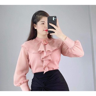 Áo sơ mi nữ tay dài bèo cổ chất voan tơ mềm mát