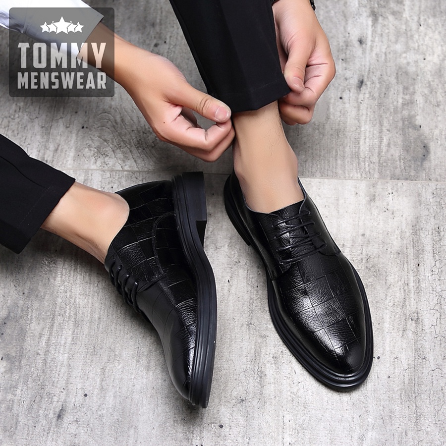 Giày Nam Đen Công Sở Cao Cấp Phong Cách TOMMY Giày Derby Nam Da Bò Thật Hàn Quốc Vân Caro GD90