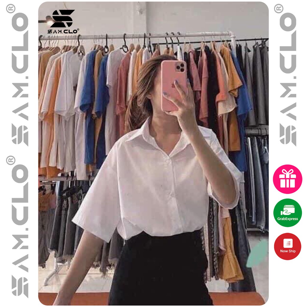 Áo sơ mi nữ SAM CLO cộc tay - tay ngắn đi học, thời trang học sinh, dáng ulzzang Hàn Quốc freesize form rộng TRẮNG TRƠN