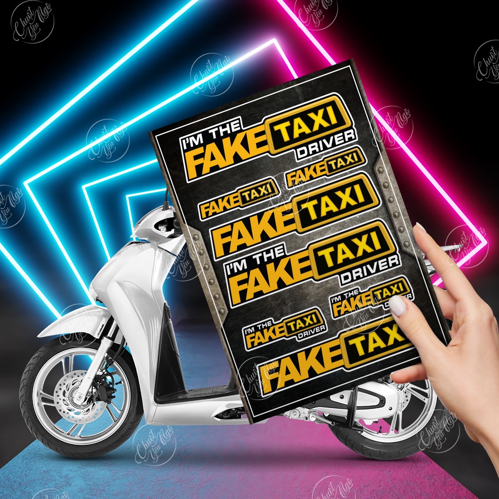 Bộ 8 tem dán logo Fake Taxi stikcer trang trí xe máy chất liệu chống thấm nước