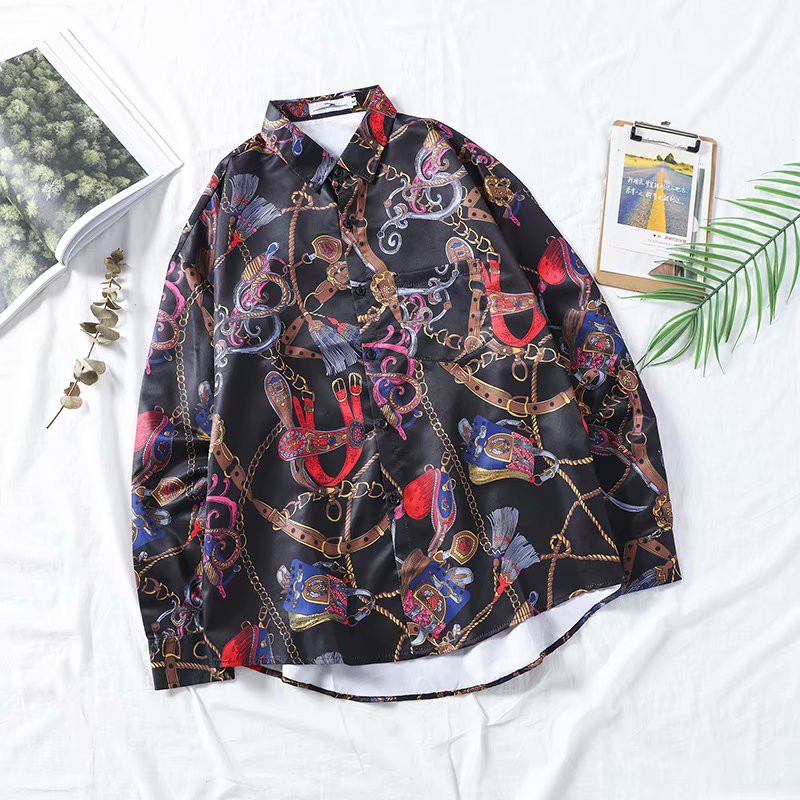 European and American style printed long-sleeved shirt for men