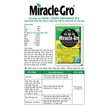 Phân Bón Lá Miracle Gro 15-30-15 (gói 10g),Phân bón lá chuyên dùng cho hoa lan, hồng,thúc đẩy ra hoa các loại cây trồng